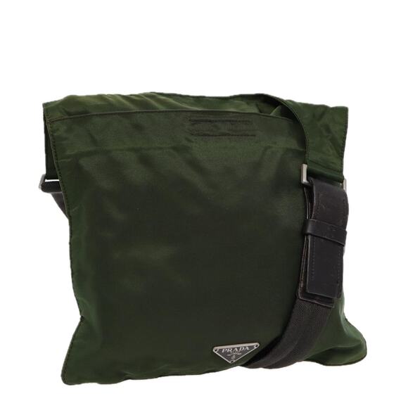 PRADA Shoulder Bag Nylon Khaki Dark Brown Silver - Picture 1 of 16